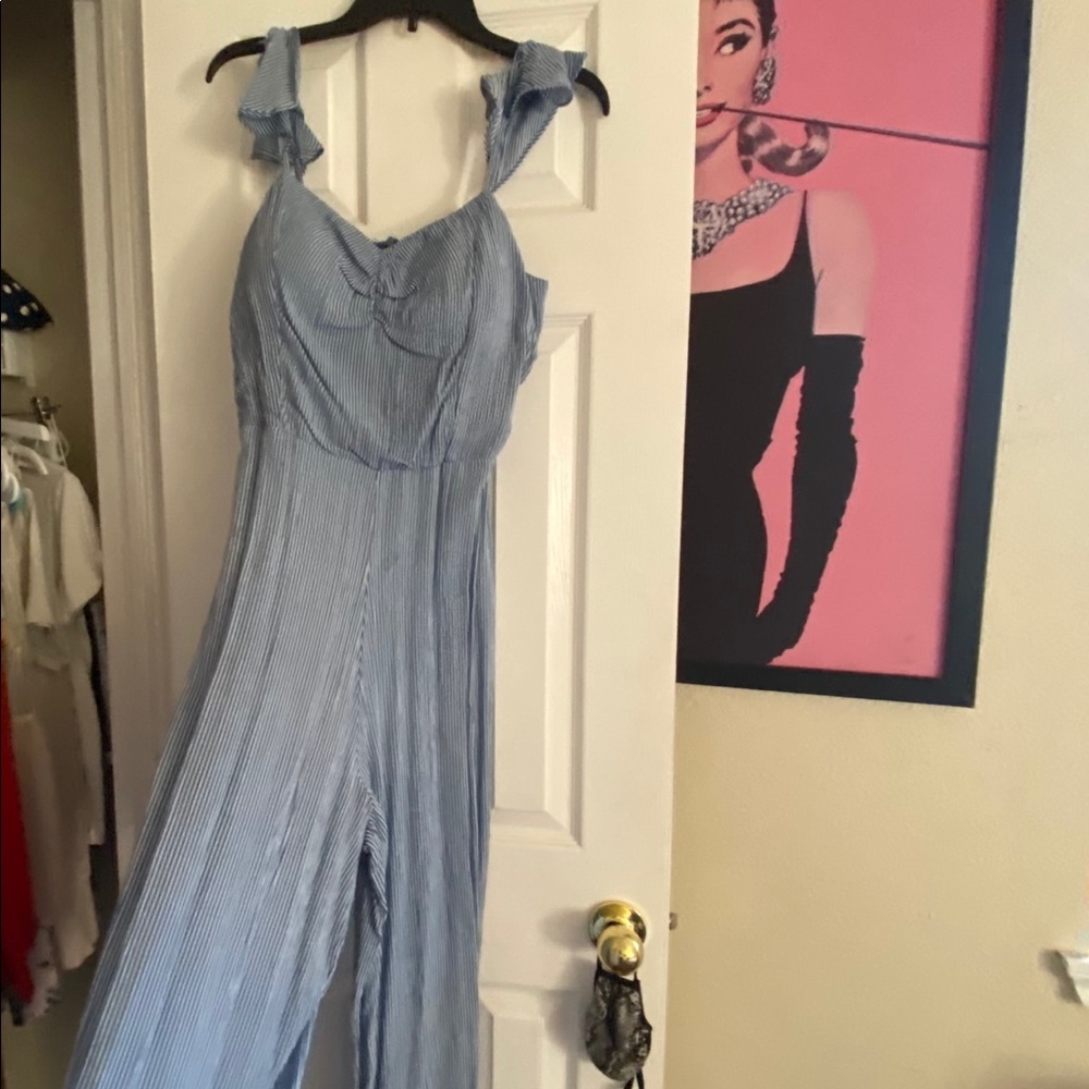 Blue Ake white thin striped romper